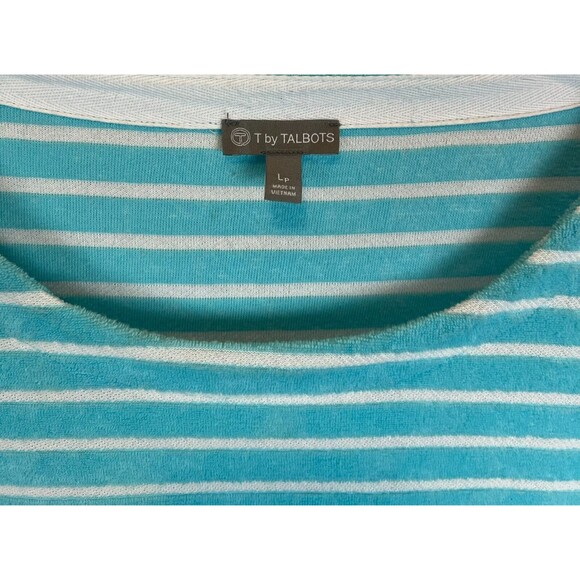T by Talbots Terry Top Women's Size LP Turquoise Stripe Drawstring 3/4 Sleeve - Picture 5 of 7